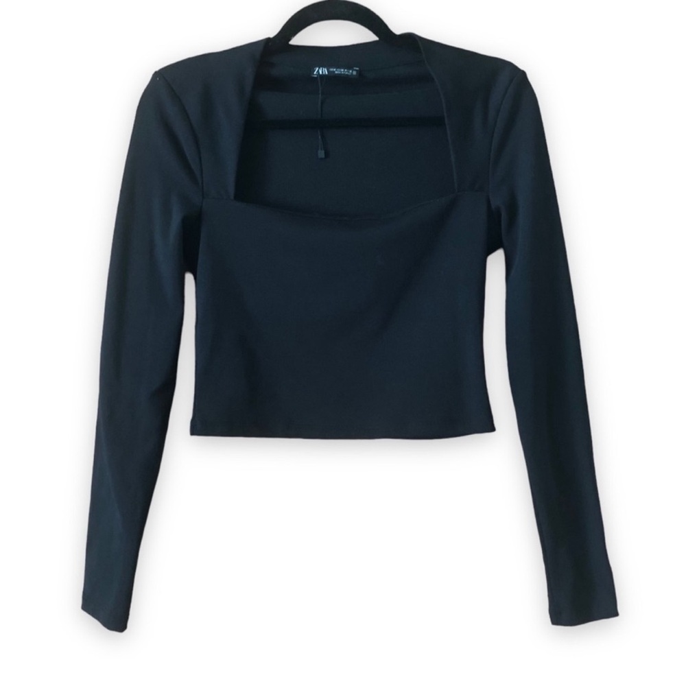 Zara Ribbed Square Neck Long Sleeve Black Crop Top Women's Size M